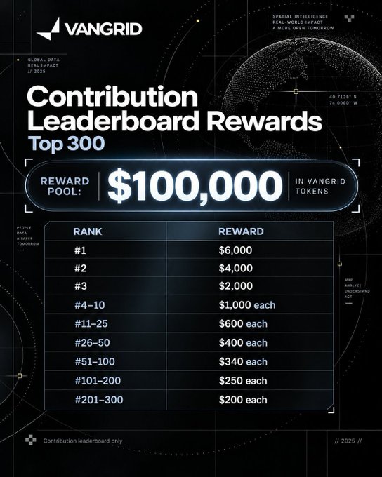 Vangrid promotional poster for a 'Contribution Leaderboard Rewards' competition for the Top 300, detailing a reward pool of $100,000 in VANGRID tokens with tiered payouts ranging from $6,000 for rank #1 down to $200 each for ranks #201-300.