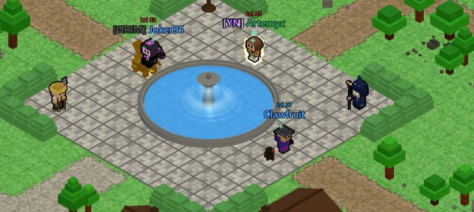 A top-down screenshot of an isometric MMORPG game scene with players including '[GRIM] Joker95', '[MN] Artemyx', and 'Clawfruit' gathered around a blue fountain in a tiled plaza surrounded by grass and trees.