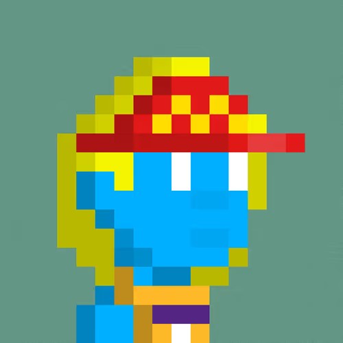 A pixel art illustration of a blue-skinned character with long yellow hair and a red bandana, set against a teal background.