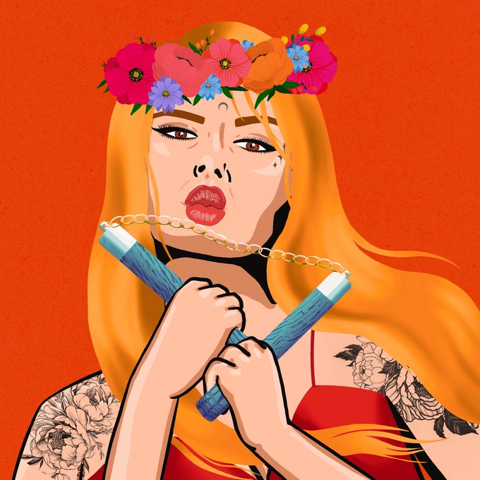 A stylized digital illustration depicts a blonde woman with a floral crown biting on a chain attached to a blue nunchaku, featuring rose tattoos on her arms against an orange background.