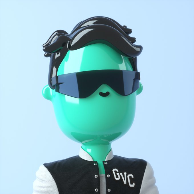 A 3D-rendered mint-green cartoon character wearing sunglasses, a black wig, and a varsity jacket with 'GVC' lettering.