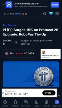 A CoinMarketCap app screenshot showing 'Pi (PI) Surges 15% on Protocol 26 Upgrade, RoboPay Tie-Up' as a top story by CMC, with Pi trading at $0.3079 and a MetalMuseum promotional advertisement.