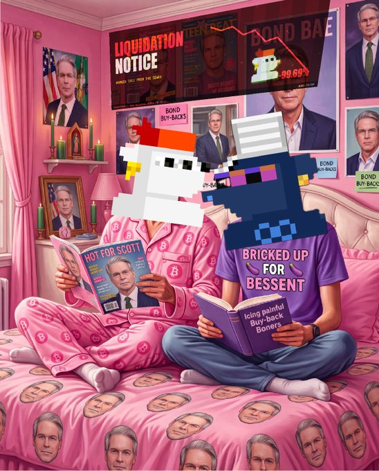 An AI-generated illustration of two figures with pixelated cryptocurrency-themed heads sitting on a bed, surrounded by portraits of Scott Bessent, reading books like 'Icing painful Buy-the-dip Boners' and 'HOT FOR SCOTT'.
