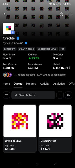 A mobile NFT collection page titled “Credits,” by “visualizevalue,” shows Ethereum art items with stats including Floor Price $54.06, 1D Floor +23.7%, Top Offer $54.08, 24H Volume $280.6K, Total Volume $7.88M, and Listed 5,435 (5.8%). Two visible item cards are “Credit #565658” and “Credit #71413,” both showing a Top Offer of $54.08.
