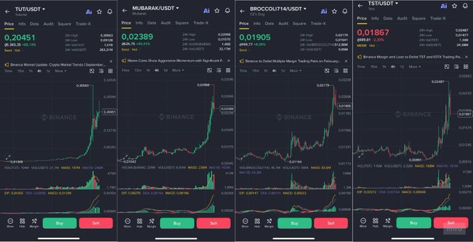 A TradingView interface displays four BNB Chain memecoins ($TUT/USDT at 0.020451, $MUBARAK/USDT at 0.02389, $BROCCOLI714USDT at 0.01905, and $TST/USDT at 0.01867) with nearly identical sharp upward price spikes and recent gains ranging from 29% to 77%, visually confirming the post's claim that these four.meme ecosystem tokens are pumping in lockstep.