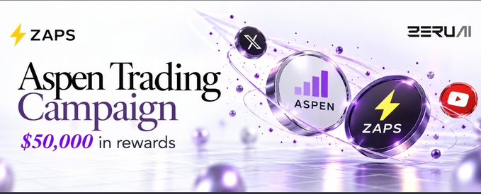 A promotional banner for the ZAPS Aspen Trading Campaign by BERU AI, advertising $50,000 in rewards with graphics of trading tokens.