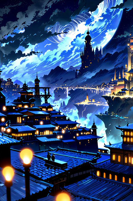 A stylized digital illustration of a fantasy city at night, glowing with blue and orange lights beneath a large moon, featuring pagoda-style architecture and a tower in the distance.