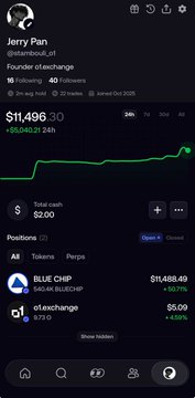 A mobile app screenshot of a profile 'Jerry Pan' (@tambou_01) showing a total path value of $11,496.30 (+$5,040.21 24h), with positions in BLUE CHIP (Socialiseized, $11,488.49) and o1.exchange ($5.00).