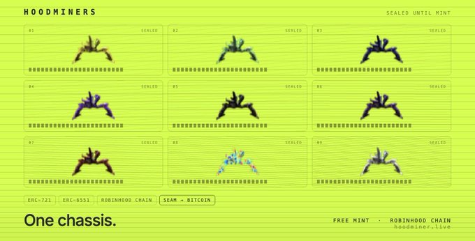 A bright green website interface titled 'HOODMINERS' displaying nine sealed NFT chassis slots, with details including 'SEAM - BITCOIN', 'ROBINHOOD CHAIN', and the tagline 'One chassis.'