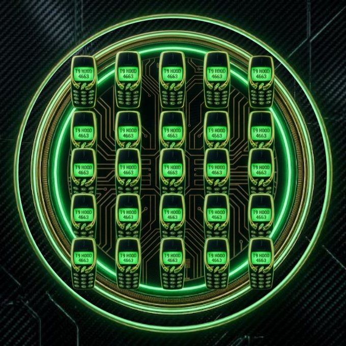 A futuristic green and black design featuring a circular circuit board pattern with multiple old-style mobile phones displaying 'T9 HOOO 4663' on their screens.