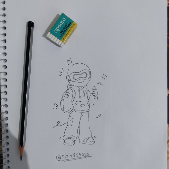 A sketch in a spiral notebook shows a cute astronaut character with a crown giving a thumbs up, alongside a pencil and Apsara eraser, signed '@DixitSS7590'.