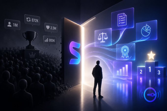 Digital illustration of a person standing at a glowing doorway with an 'S' logo, facing icons representing documents, scales, and analytics with crowd silhouettes and a podium on the left.