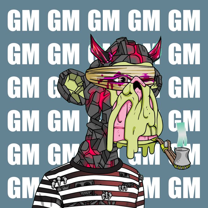 The image features a cartoon character wearing a striped shirt, holding a pipe with a green substance coming out of it. The background consists of white text that reads "GM GM GM GM GM GM GM GM GM GM GM GM GM GM GM GM GM GM GM GM GM GM GM GM GM GM GM GM GM GM GM