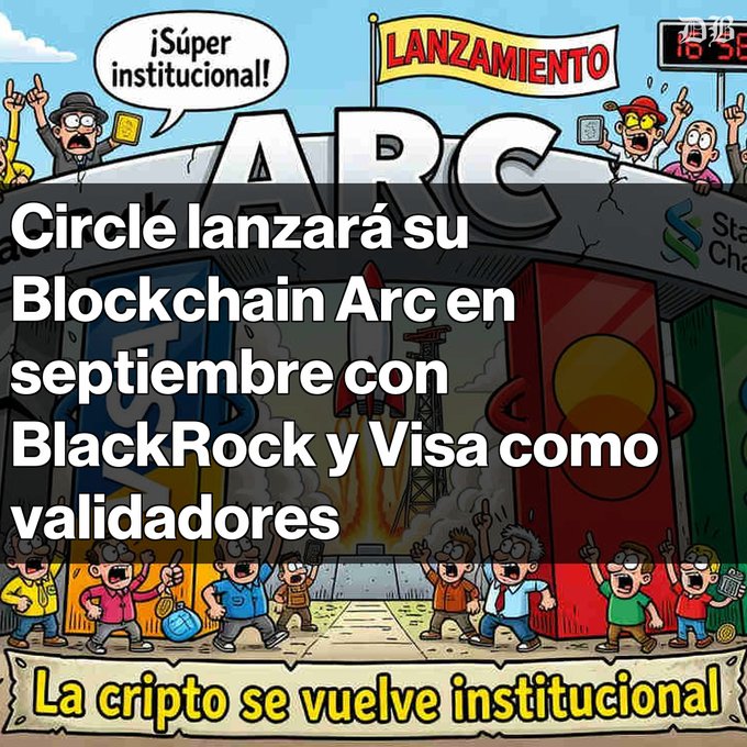 A Spanish-language crypto article graphic with the headline "Circle lanzará su Blockchain Arc en septiembre con BlackRock y Visa como validadores" and a tagline "La cripto se vuelve institucional," over a cartoon 'ARC' rocket launch illustration.