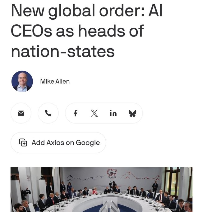 The image shows a group of people sitting around a large dining table with chairs placed around it. The scene appears to be set at an event or gathering where AI CEOs are seated as heads of state, indicating their involvement in decision-making processes. The text on the image suggests that this is a post about AI CEOs and how they are now being compared to heads of state, emphasizing the importance of intelligence and power in today's world.