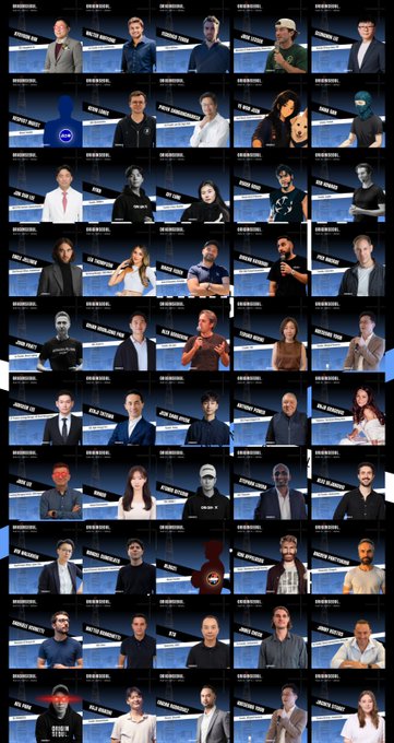 A grid collage of 50 portrait photos featuring various notable figures from the K-pop and K-culture industry, displayed on blue "ORIGIN SEOUL" billboards along Gangnam's Teheran-ro street, promoting an upcoming Bitcoin event in Seoul.