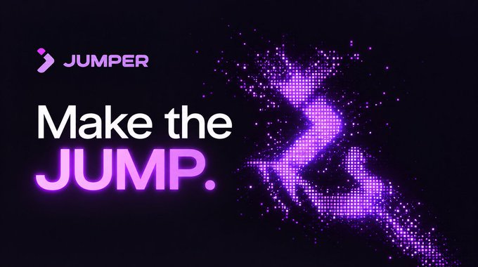 A promotional graphic with a black background featuring a purple pixelated arrow design and text reading 'JUMPER' and 'Make the JUMP.'
