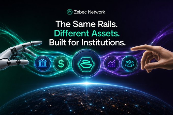 The image features a robot hand holding up a sign with text about the same rail, different assets, and built for institutions. The background of the image shows a globe surrounded by stars, creating an interesting visual effect that complements the content on the sign.