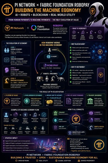 The image is a promotional infographic for the "Pi Network × Fabric Foundation: Building the Machine Economy," highlighting AI, Robots, Blockchain, and Real-World Utility. It outlines the evolution from a Human Economy to Creator, AI, and Machine Economies, explains how RoboPay enables secure transactions between humans and machines, and showcases Pi Network's role in supporting this future through Pi Open Ecosystem, Real Utility, Global Adoption, and Shared Prosperity—aligning with the post's emphasis on expanding blockchain beyond human-to-human payments.