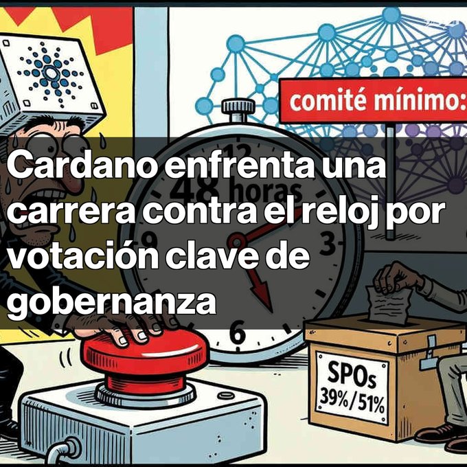 A stressed cartoon figure wearing a blockchain-themed helmet presses a large red button in front of a ticking stopwatch, with a ballot box labeled "SPOs 39%/51%" and a banner reading "comité mínimo:" nearby. Bold overlay text announces "Cardano enfrenta una carrera contra el reloj por votación clave de gobernanza," visually emphasizing the urgent governance deadline mentioned in the accompanying post about the CC Update 2026 expiring on September 1st.