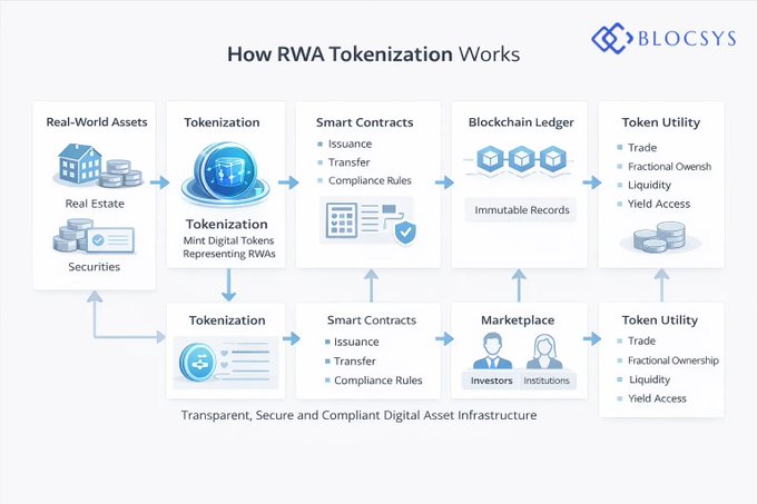 A BLOCSYS infographic titled 'How RWA Tokenization Works' illustrating the process flow from Real-World Assets (Real Estate, Securities) through Tokenization, Smart Contracts, Blockchain Ledger, and Token Utility (Trade, Fractional Ownership, Liquidity, Yield Access).