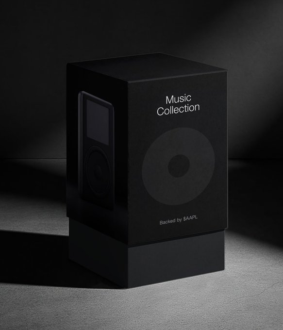 A sleek black "Music Collection" box is displayed against a dark background, featuring the text "Backed by $AAPL" near its base. This represents a tokenized asset concept, where physical collectibles themed around real-world equities like Apple ($AAPL) are brought onchain through Coinbase's tokenized stocks on Base.