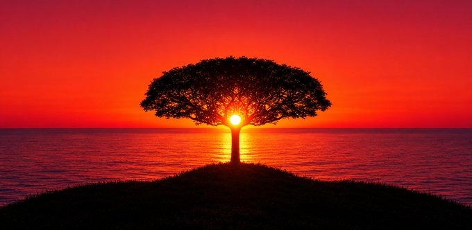 A silhouette of a single tree stands on a small hill against a vivid red and orange sunset, with the sun setting over a calm ocean reflecting golden light.