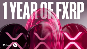 A promotional graphic featuring pink and red spheres with the text '1 YEAR OF FXR' at the top and a 'Flare' logo at the bottom.