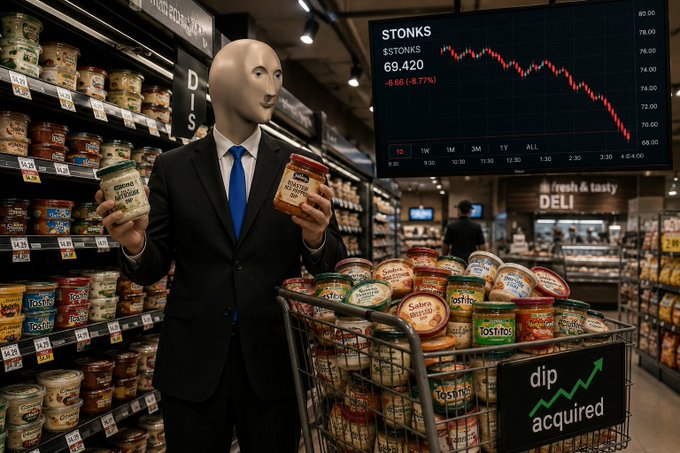 A surreal image of a mannequin in a business suit holding grocery items in a supermarket, with a stock chart showing '$STONKS' at 69.420 (-8.77%) and a sign reading 'dip acquired' on a shopping cart.
