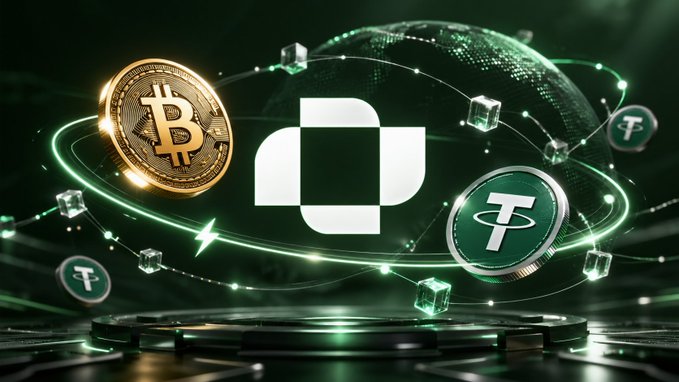 A promotional graphic displaying a Bitcoin coin and Tether (USDT) tokens orbiting a central logo against a digital green globe background with blockchain elements.