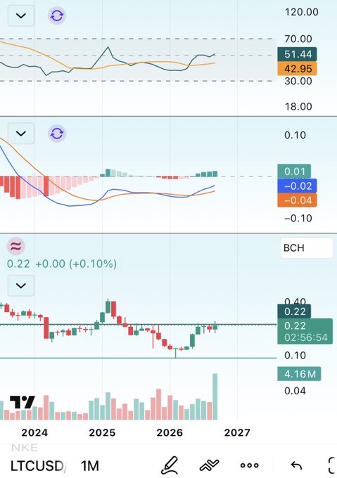A TradingView chart displaying LTCUSD (Litecoin) and BCH (Bitcoin Cash) price data with candlesticks, technical indicators, and volume bars.