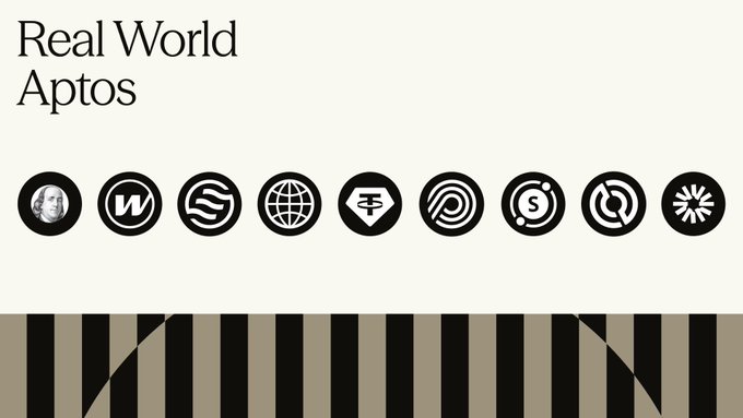 A graphic titled 'Real World Aptos' displaying a row of nine circular black-and-white icons (including a profile, 'W', 'S', globe, and various symbols) above a beige and black striped pattern.