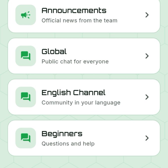 A mobile app menu showing channel options: Announcements, Global, English Channel, and Beginners with descriptive subtitles on a light green background.