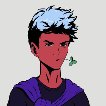 A digital illustration of an anime-style character with red skin, blue and black hair, wearing a purple hoodie with a green four-leaf clover in their mouth.