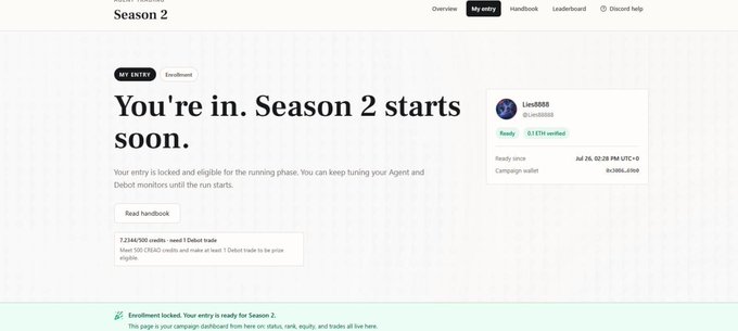 A 'My entry' page for Season 2 showing 'You're in. Season 2 starts soon.' for user Lou8888 (0Lou888), ready since Jul 29, 02:26 PM UTC+0 with a company wallet balance of 1,068.4INO, and a credit of 12,164,500 credits.