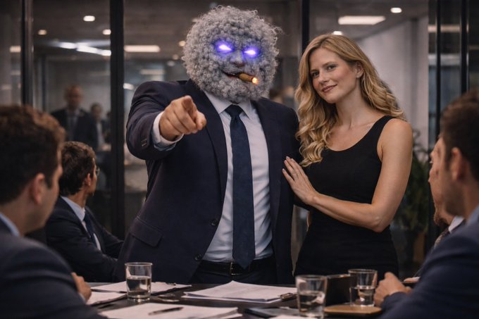 A surreal scene in a corporate meeting room where a figure in a suit has a gray fuzzy monster head with glowing blue eyes and a cigar, pointing toward the camera, while a blonde woman in a black dress leans on his shoulder.