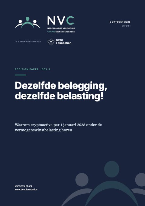 A cover page for an NVC (Nederlandse Vereniging Cryptobedrijven) position paper dated 5 October 2026, titled "Dezelfde belegging, dezelfde belasting!" (Same investment, same tax!), arguing that crypto assets should be included in Box 3 wealth taxation by 1 January 2028 rather than delayed until 2030. The document is produced in collaboration with the BCNL Foundation and directly supports the accompanying post's call for equal taxation treatment of crypto under the upcoming wealth tax reforms.