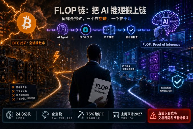 A promotional graphic titled 'FLOP 链: 把 AI 推理搬上链' (FLOP Chain: Bringing AI Inference On-Chain) contrasts BTC mining with AI inference, showing a figure holding a FLOP Whitepaper with stats like '24.8亿枚' token supply and '75%给矿工' mining rewards.
