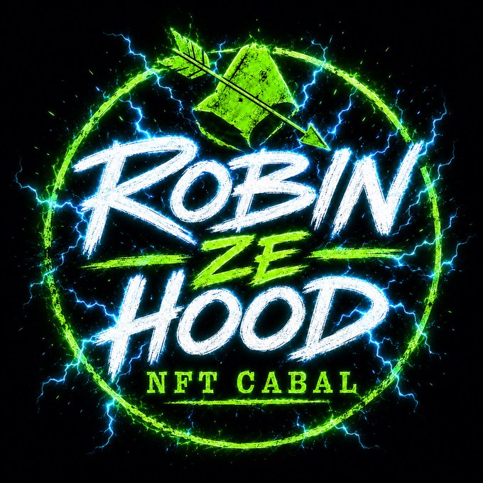 A neon-style logo reading 'ROBIN ZE HOOD NFT CABAL' in white and green text, surrounded by blue lightning bolts and a green hooded figure icon.