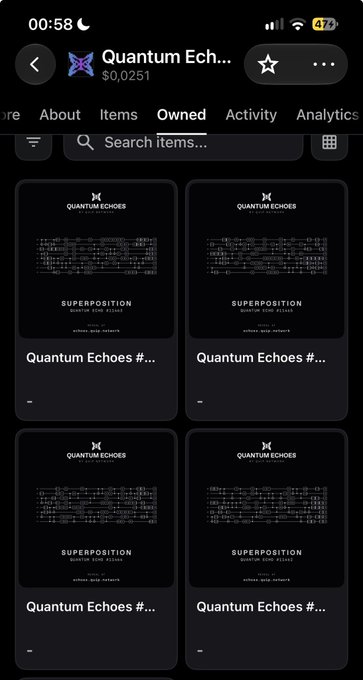 A mobile phone screenshot showing the 'Owned' tab of an OpenSea-like NFT marketplace for 'Quantum Echoes' collection priced at $0.0251, displaying multiple 'SUPERPOSITION EDITION ONE PIANO' digital sheet music NFTs.