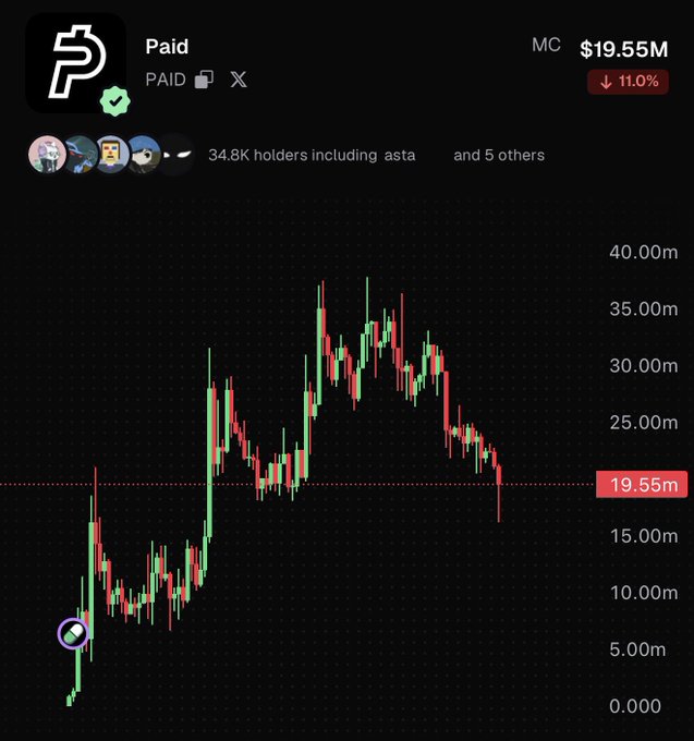 A candlestick price chart for the meme coin $PAID shows a market cap of $19.55M, down 11%, with the price having peaked near $37M before declining sharply—visually supporting the post's speculation about a potential bottom for the token and its ecosystem.