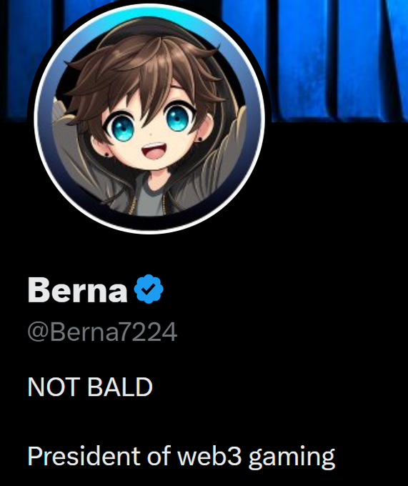 A Twitter profile for 'Berna' (@Berna7224) features an anime-style avatar and the bio text 'NOT BALD' and 'President of web3 gaming' with a blue verification checkmark.