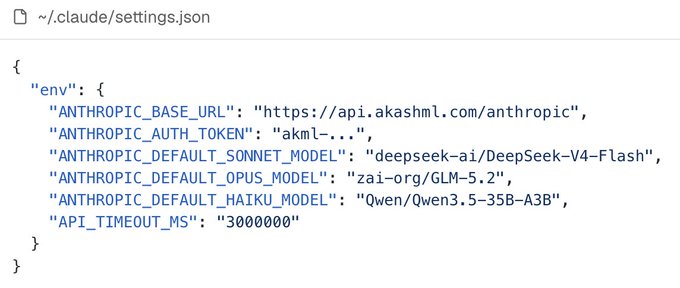 The image shows a `~/.claude/settings.json` file containing environment variables for Claude Code, configured to use Akash Network as the API endpoint (`https://api.akashml.com/anthropic`) with alternative models including DeepSeek-V4-Flash, GLM-5.2, and Qwen3.5-35B-A3B. This directly illustrates the post's point about using Akash-hosted models with Claude Code as drop-in replacements.