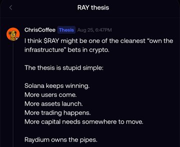 A dark-themed Discord message from 'ChrisCoffee' in the 'RAY thesis' channel arguing that $RAY might be a cleanest 'own the infrastructure' bet in crypto because Solana is winning and Raydium owns the pipes.