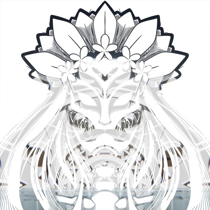 A black and white symmetrical digital illustration featuring an ornate masked figure with flowing hair, floral headdress details, and sharp teeth.