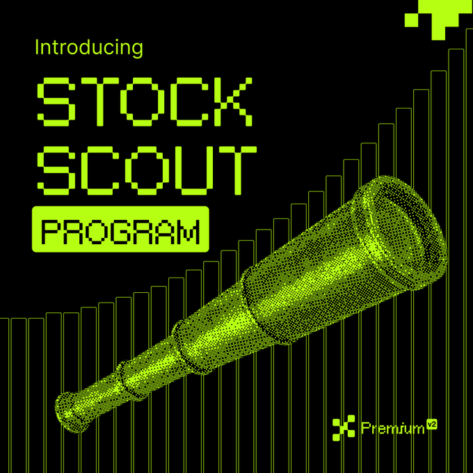 The image serves as a promotional graphic for the "Stock Scout Program," featuring pixelated green text "Introducing STOCK SCOUT PROGRAM" alongside a stylized 3D rendering of a telescope/scouts spyglass and an ascending bar chart, visually reinforcing the post's invitation to scout overlooked public companies and submit investment theses on prm.market for community validation and a Premium X2 reward.