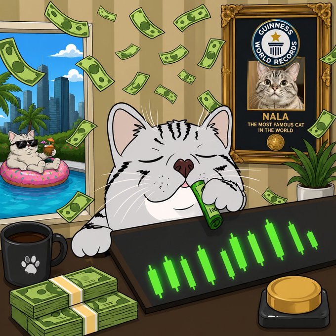A smug white cat named Nala—labeled "The Most Famous Cat in the World" on a Guinness World Records plaque—sits at a desk covered in stacks of cash and a keyboard showing green bullish candles, while money rains from above and she casually sips from a rolled-up $100 bill. The image matches the post's caption perfectly, depicting Nala as a market-dominating influencer figure alongside the referenced tickers like $NALA, $CATE, and $STONK.