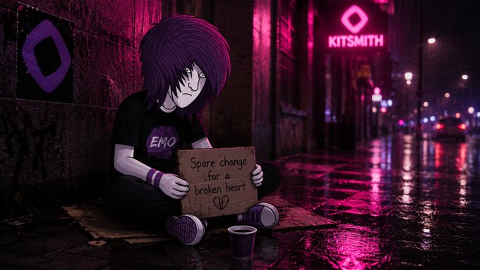 An emo-styled character sits on a rain-soaked sidewalk holding a "Spare change for a broken heart" sign beneath a "KITSMITH" neon sign, with "EMO" printed on their shirt. The image humorously contrasts the "sol trenchers" celebrating massive gains with the misery of $mon holders, depicting the emo figure as a defeated $mon trader begging for sympathy after losses.