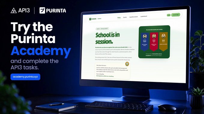 A promotional banner for the 'Purinta Academy' featuring the API3 logo, displaying a computer monitor with the academy's website on a desk setting.