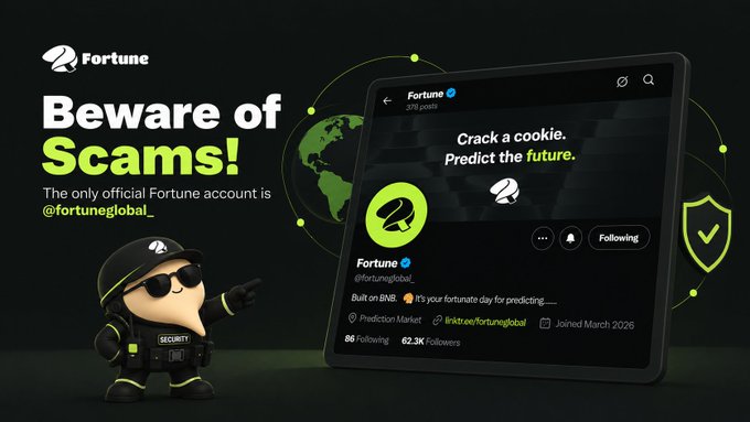 Warning graphic titled 'Beware of Scams!' stating the only official Fortune account is @fortuneglobal_, featuring a security mascot and the verified Twitter profile.